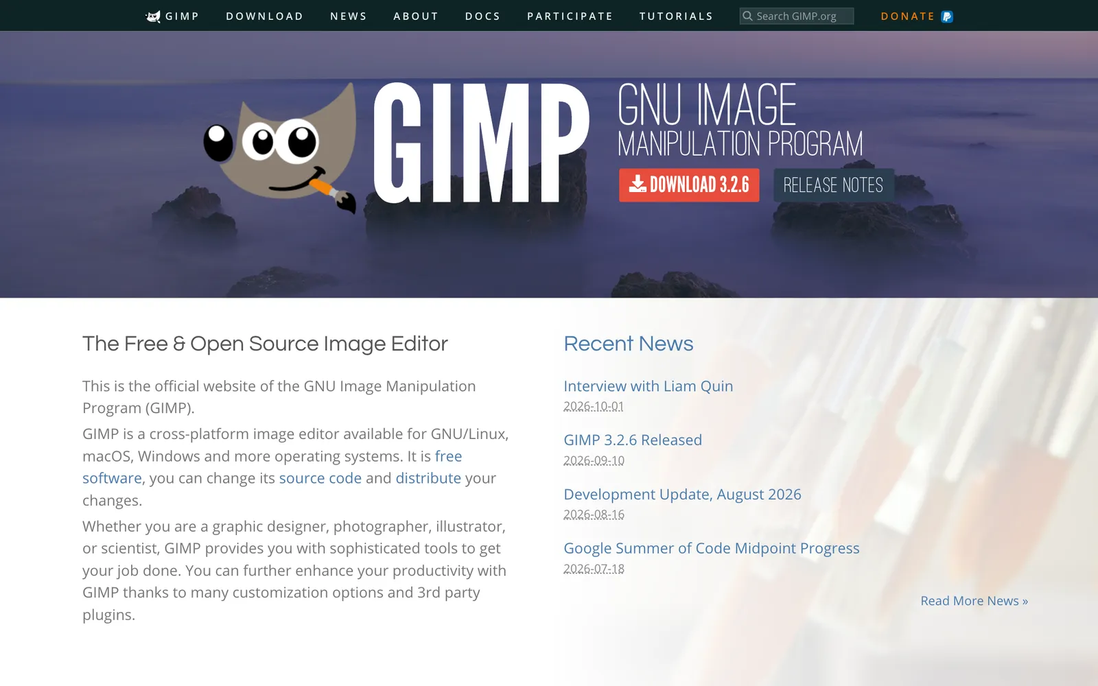 The GIMP website announcing GIMP 3.2.6 as the free and open source image editor