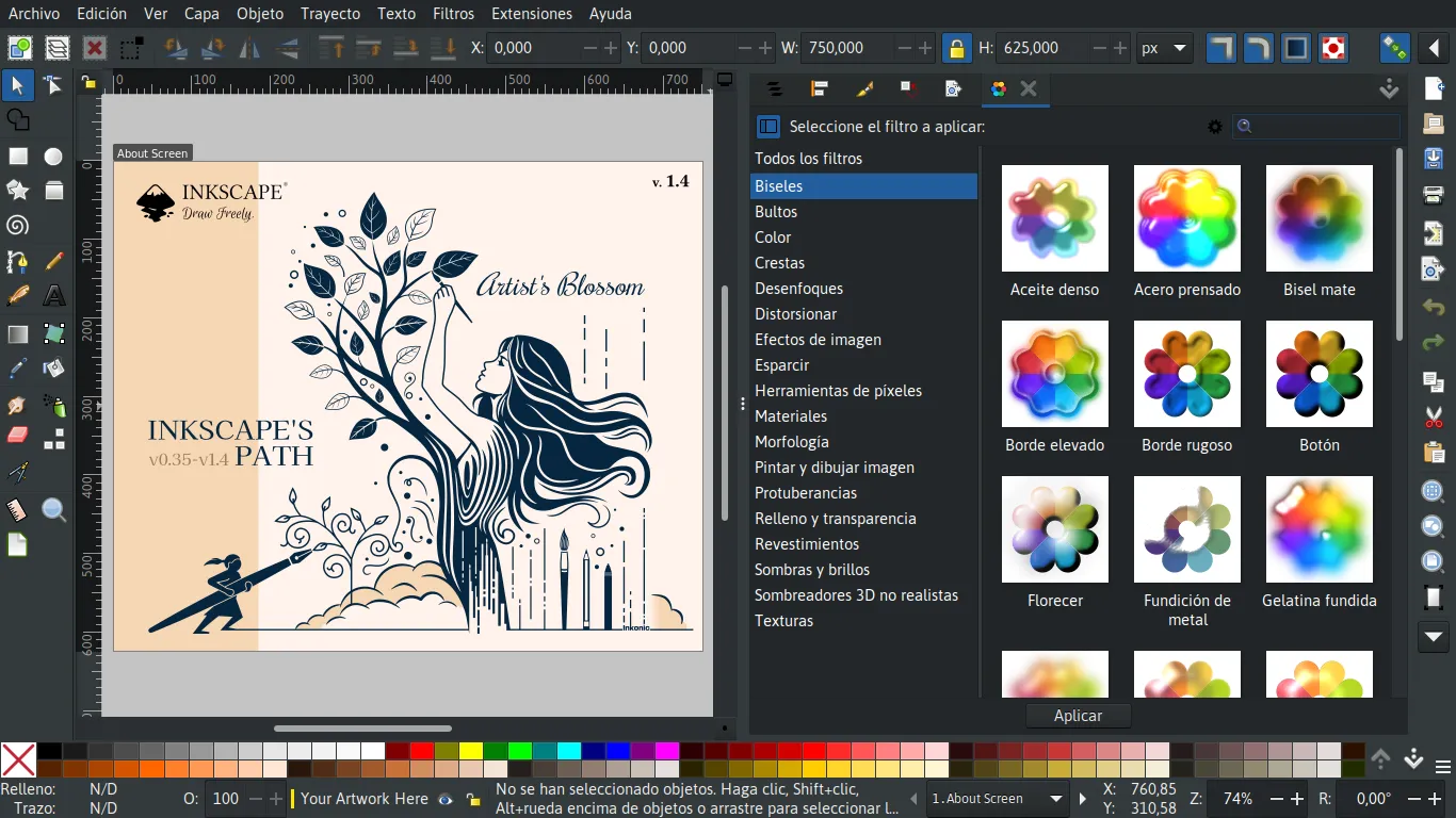 Inkscape 1.4 with a vector illustration of a woman and a tree on the canvas and the filters panel open