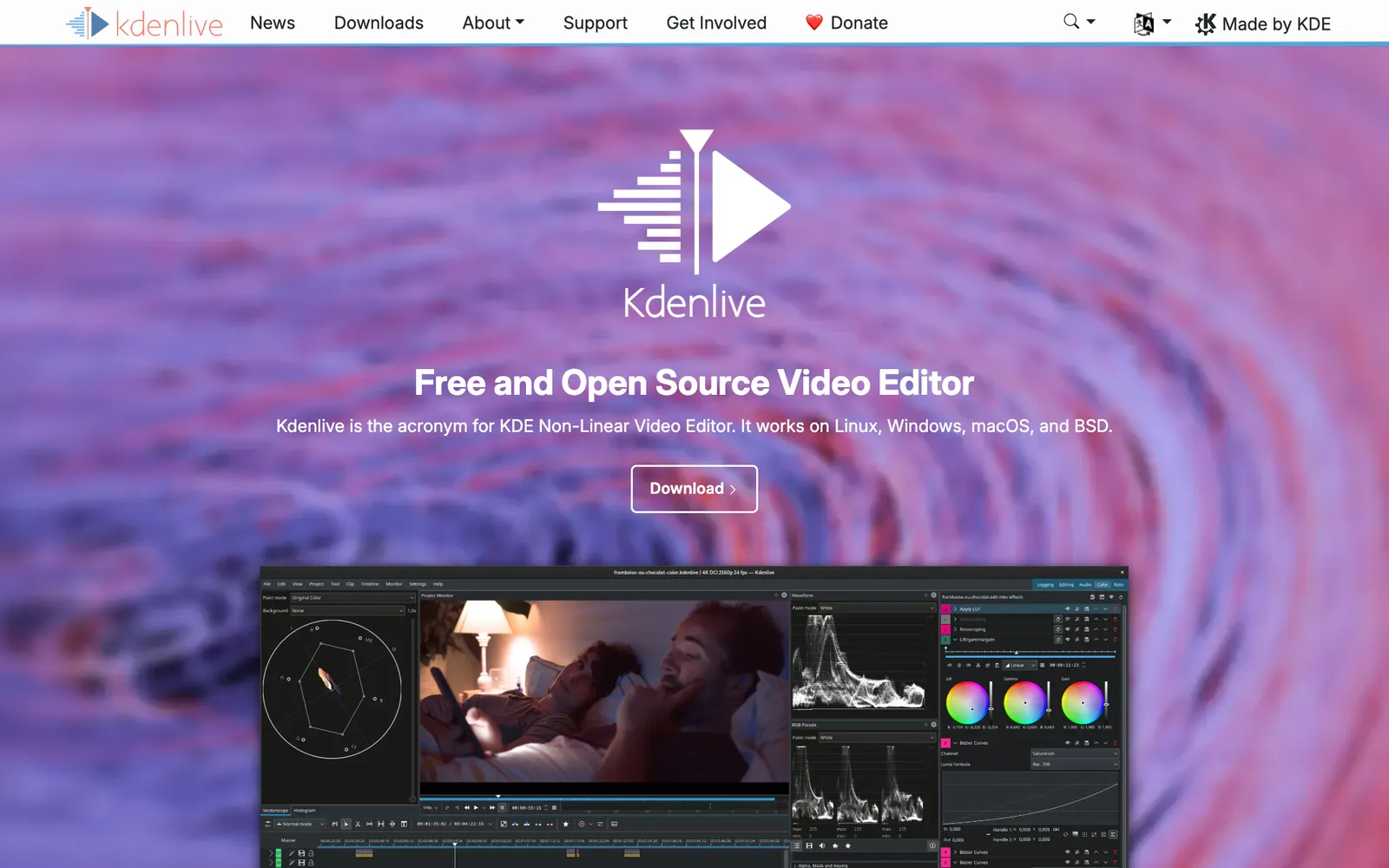The Kdenlive website introducing the free and open source video editor with an editing screenshot