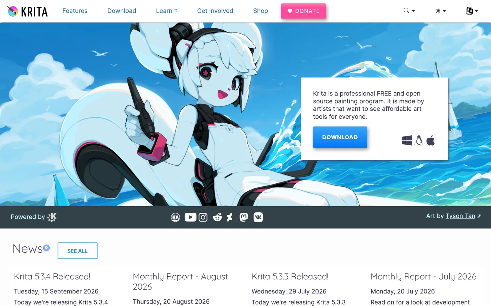 The Krita website with an anime-style illustration and a download button
