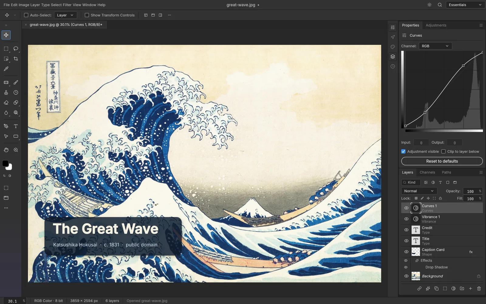 PhotoCraft editing Hokusai's The Great Wave with type layers, a caption card with a drop shadow and a Curves adjustment open