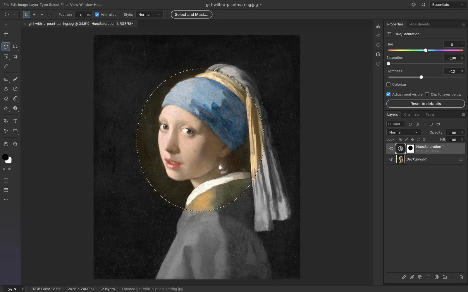 PhotoCraft masking a portrait of Girl with a Pearl Earring, with layer and properties panels