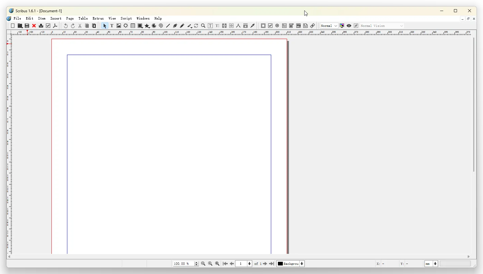 Scribus 1.6.1 on Windows 11 with a blank document, toolbars and menus