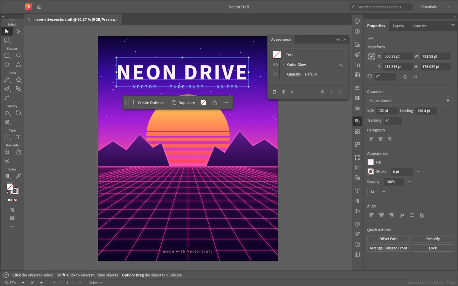 VectorCraft editing a neon retro poster that reads NEON DRIVE, with the properties panel open