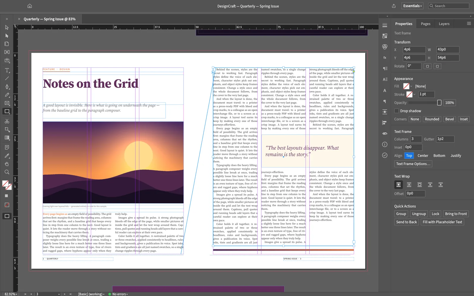 DesignCraft laying out a magazine spread titled Notes on the Grid with columns, images and pull quotes