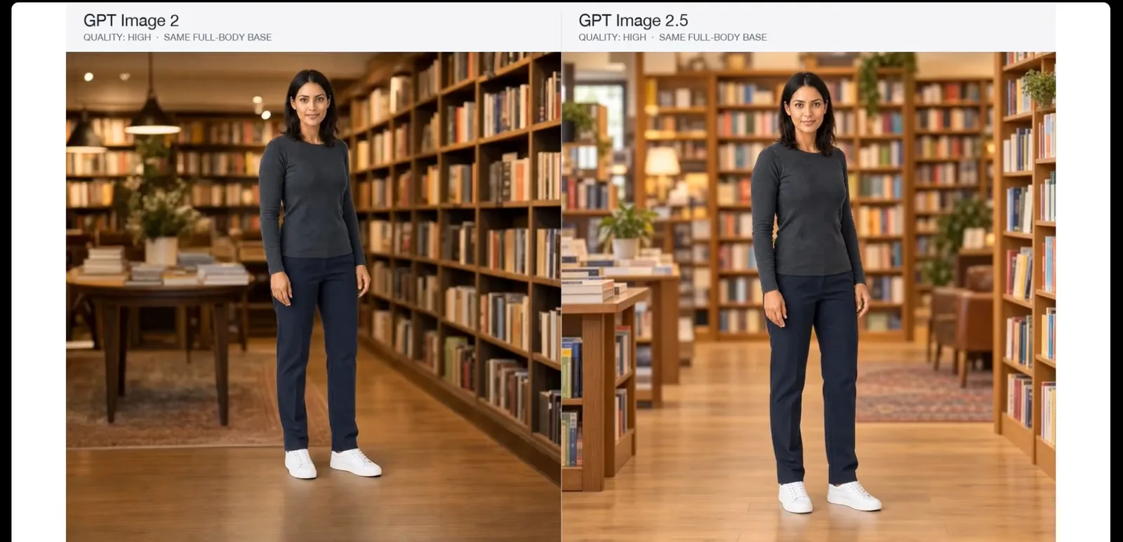 GPT Image 2 and GPT Image 2.5 side by side editing the same full-body portrait into a bookshop scene