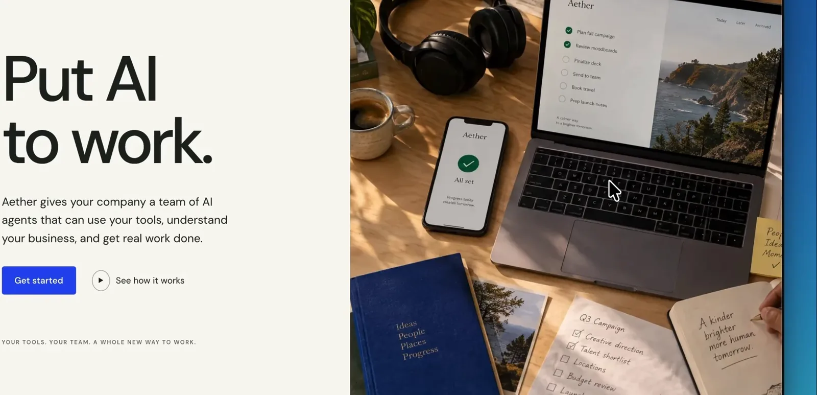 Aether landing page hero built in Codex with an Images 2.5 photo of a desk, laptop, phone and handwritten notes