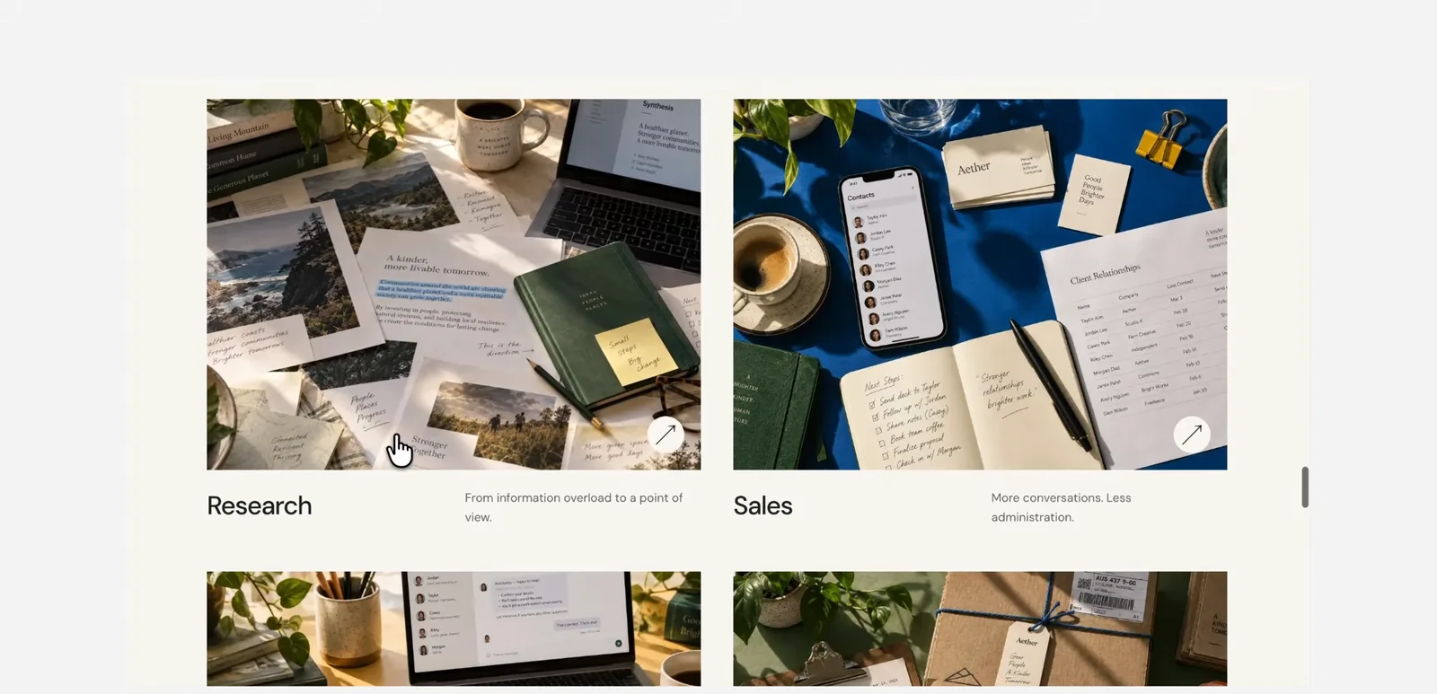 Aether landing page Research and Sales cards with Images 2.5 photos that share one lighting and desk style