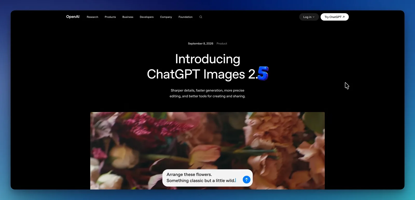 OpenAI's Introducing ChatGPT Images 2.5 announcement page dated September 8, 2026, promising sharper details and faster generation