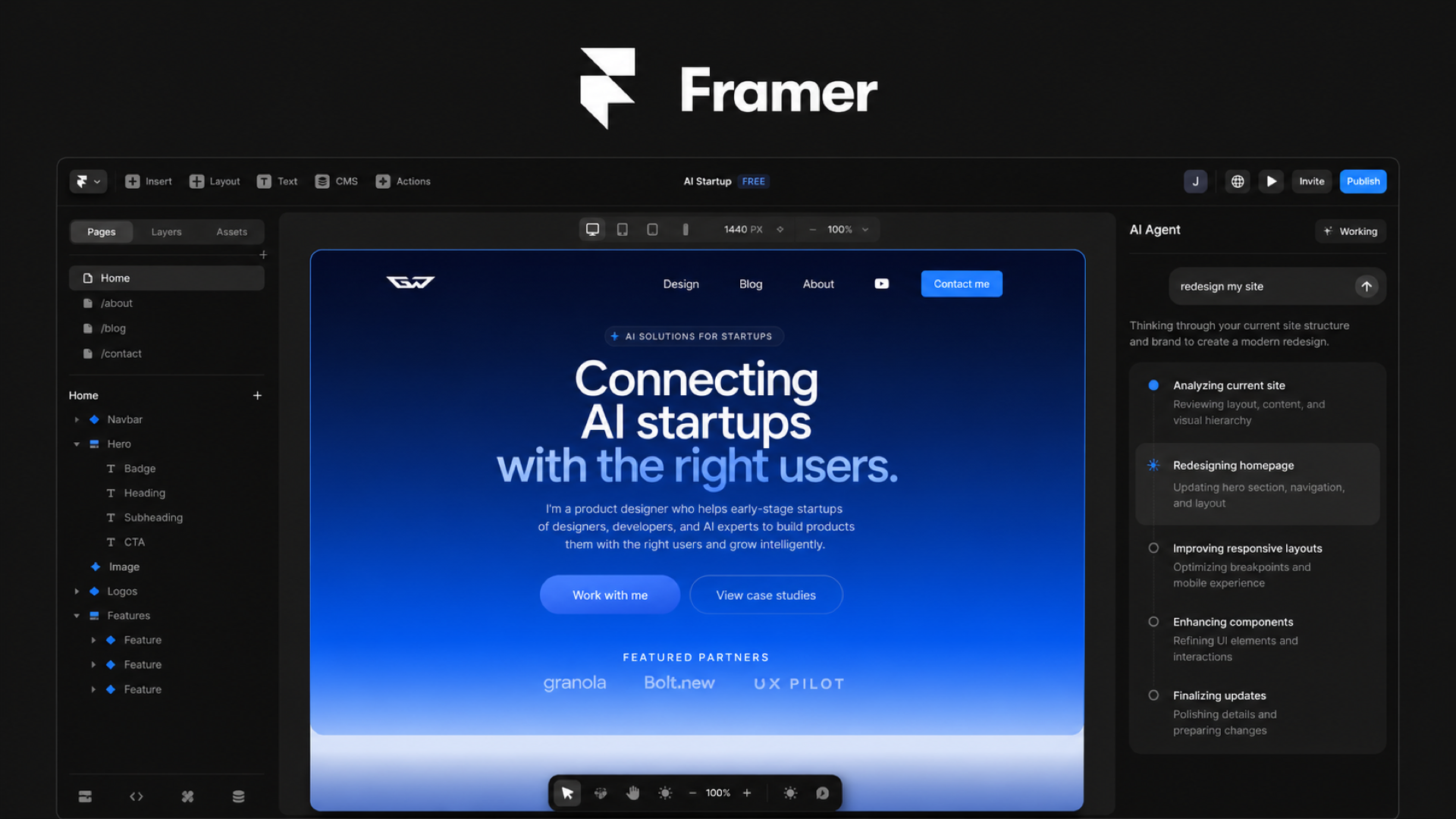 Framer AI Agent redesigning a responsive website on the canvas
